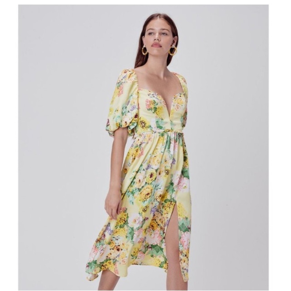 For Love‎ & Lemons || Leigh Floral Midi Dress Plunge V-Wire Yellow Small - Picture 2 of 12